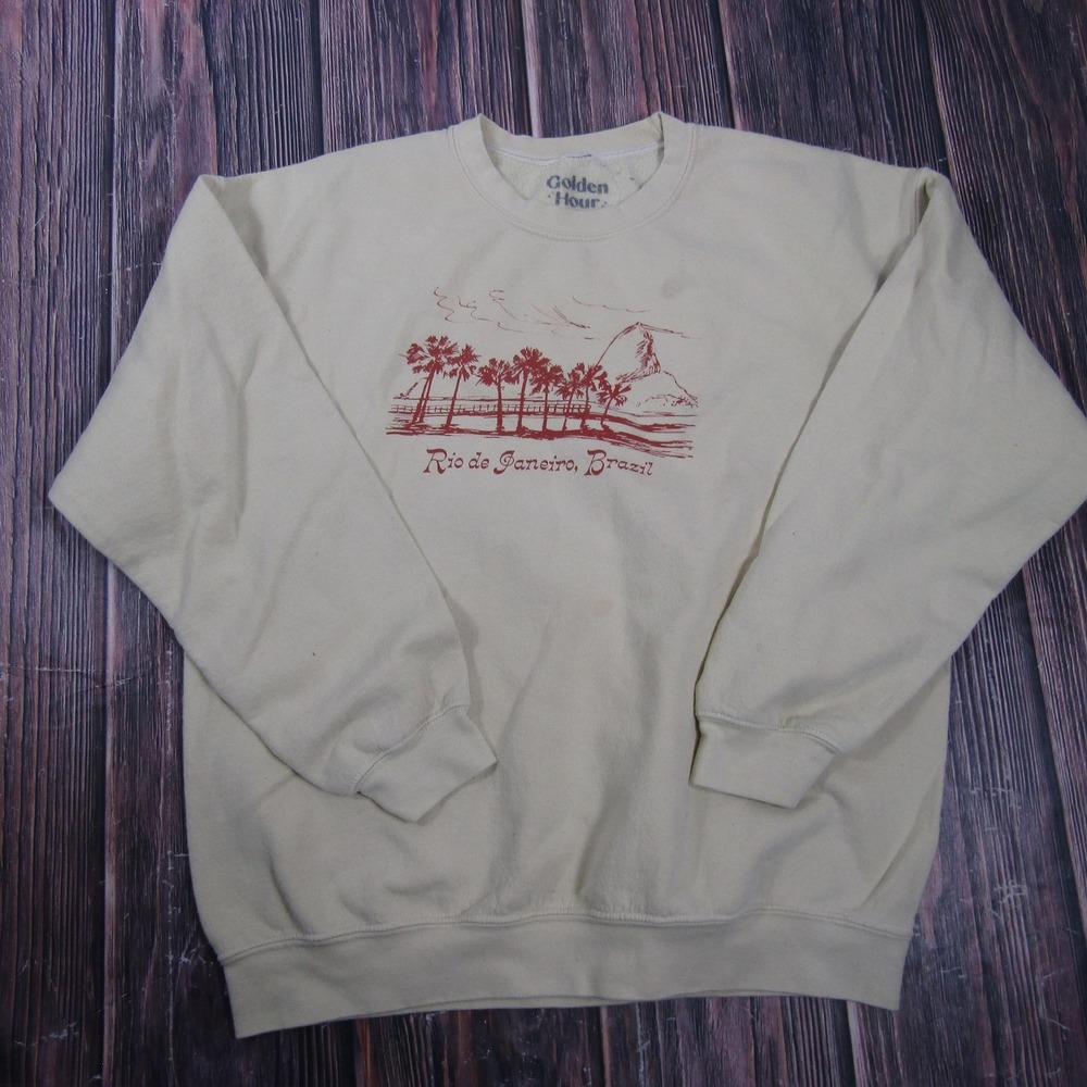Golden Hour Sweatshirt Mens L Beige Rio De Janeiro Graphic Fleece Pullover
